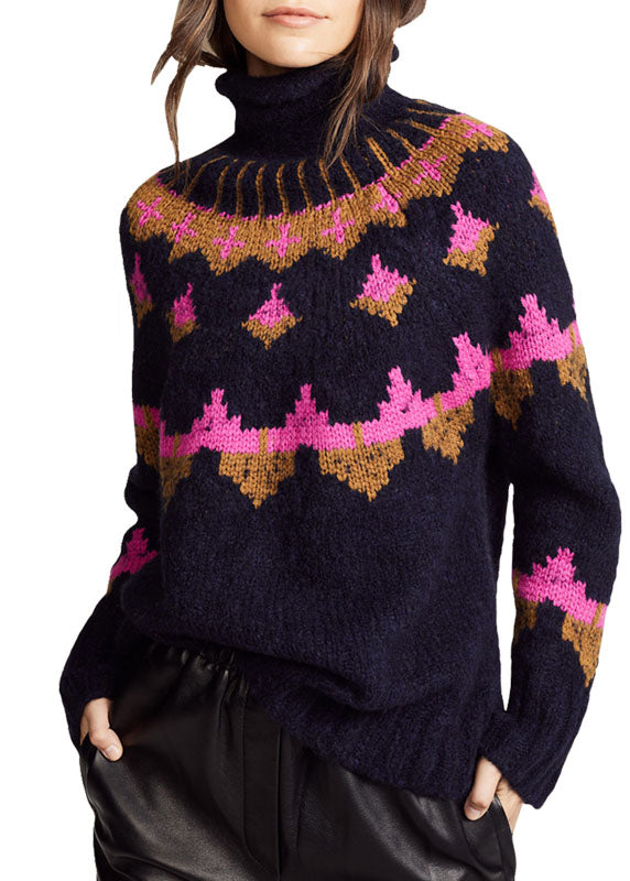 Black Turtle Neck Print Wool Knit Sweater Tops Winter