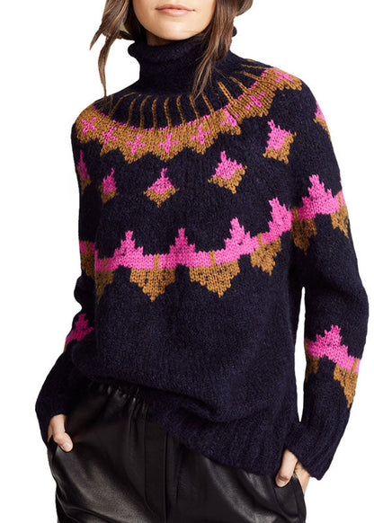 Black Turtle Neck Print Wool Knit Sweater Tops Winter