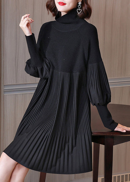 Black Turtleneck Patchwork Wrinkled Knit Dress Lantern Sleeve