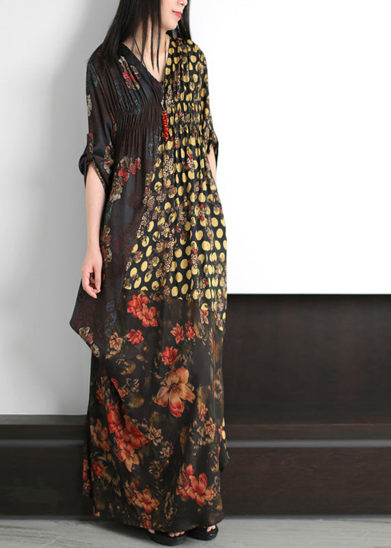 Black V Neck Asymmetrical Print Wrinkled Silk Maxi Dress Summer