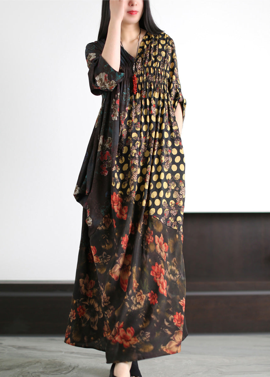 Black V Neck Asymmetrical Print Wrinkled Silk Maxi Dress Summer
