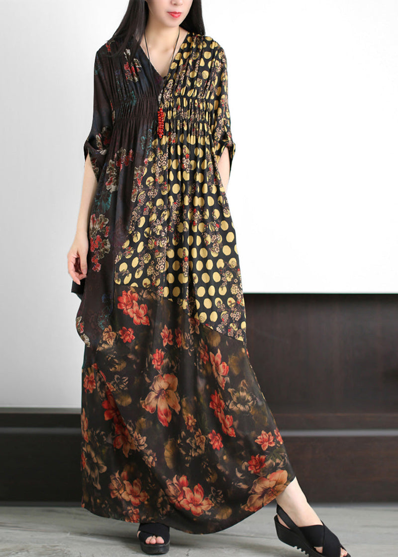 Black V Neck Asymmetrical Print Wrinkled Silk Maxi Dress Summer