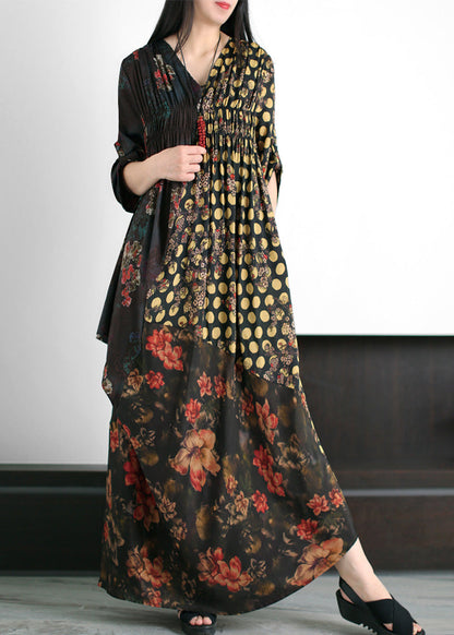 Black V Neck Asymmetrical Print Wrinkled Silk Maxi Dress Summer