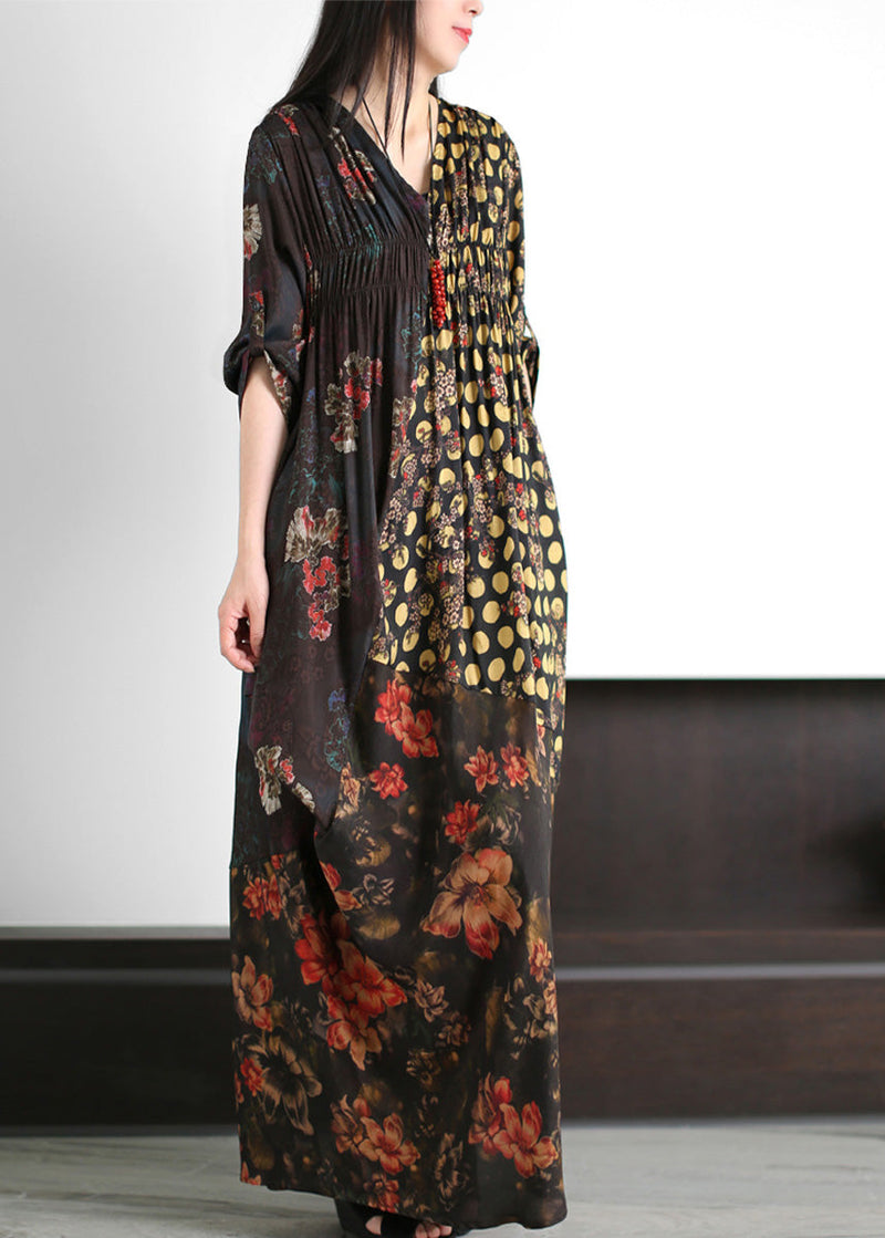 Black V Neck Asymmetrical Print Wrinkled Silk Maxi Dress Summer