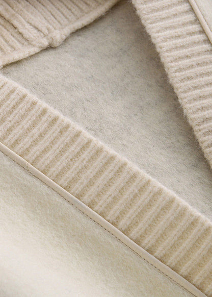 Black V Neck Button Knit Patchwork Woolen Coats Long Sleeve
