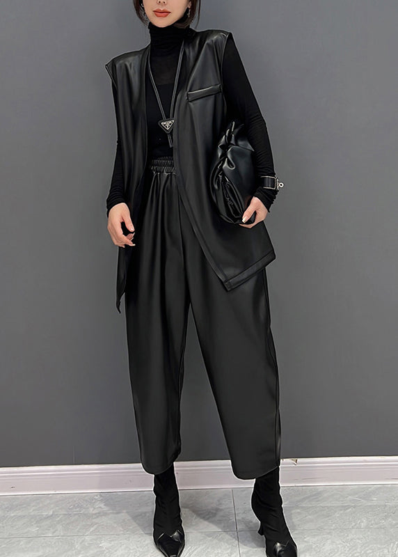 Black V Neck Faux Leather Waistcoat and Straight Pants Two Pieces Set Fall