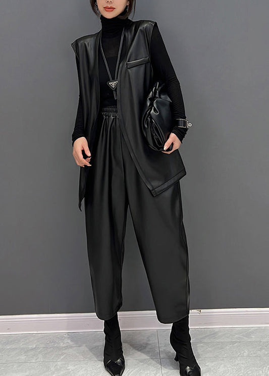 Black V Neck Faux Leather Waistcoat and Straight Pants Two Pieces Set Fall