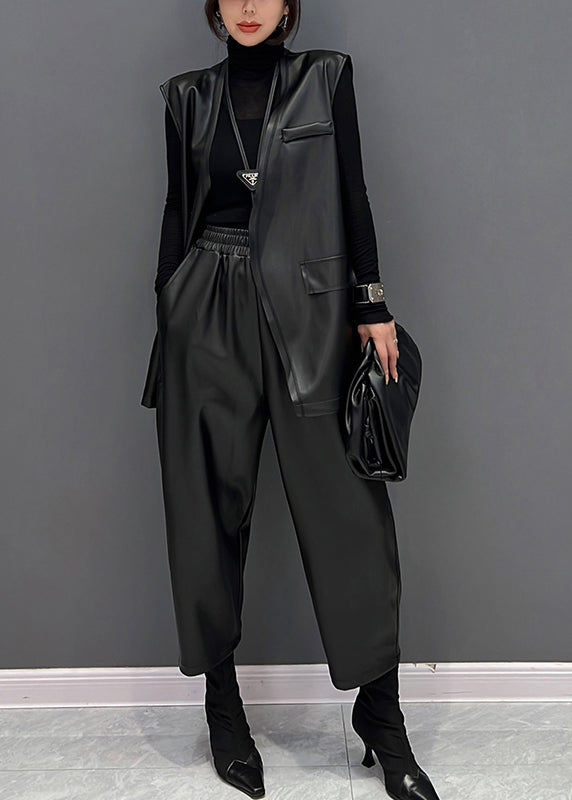 Black V Neck Faux Leather Waistcoat and Straight Pants Two Pieces Set Fall