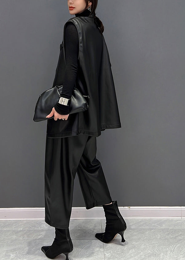 Black V Neck Faux Leather Waistcoat and Straight Pants Two Pieces Set Fall