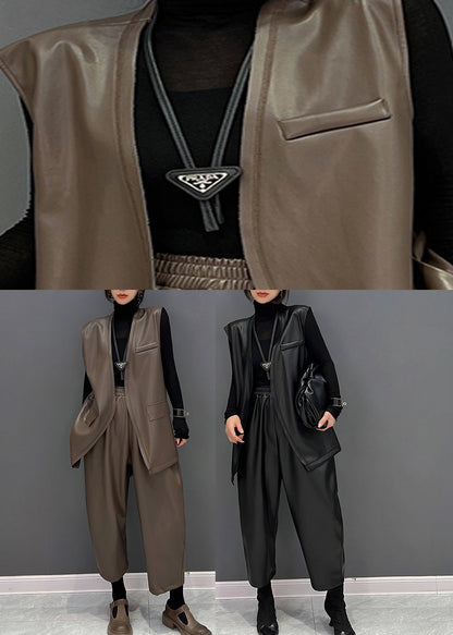 Black V Neck Faux Leather Waistcoat and Straight Pants Two Pieces Set Fall