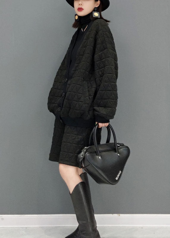 Black V Neck Fine Cotton Filled Two Pieces Set Winter
