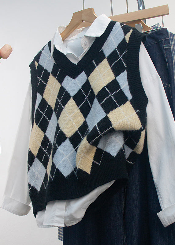 Black V Neck Geometric Print Knit Vest Sleeveless