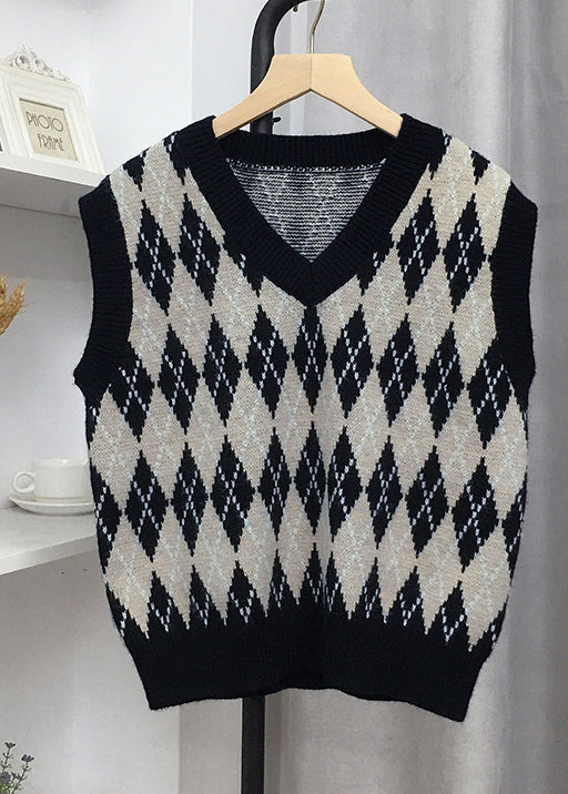 Black V Neck Geometric Print Knit Vest Sleeveless