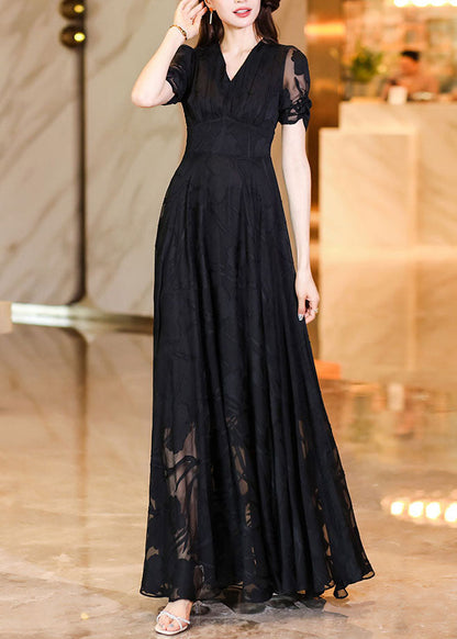 Black V Neck High Waist Tulle Patchwork Chiffon Long Dress Summer