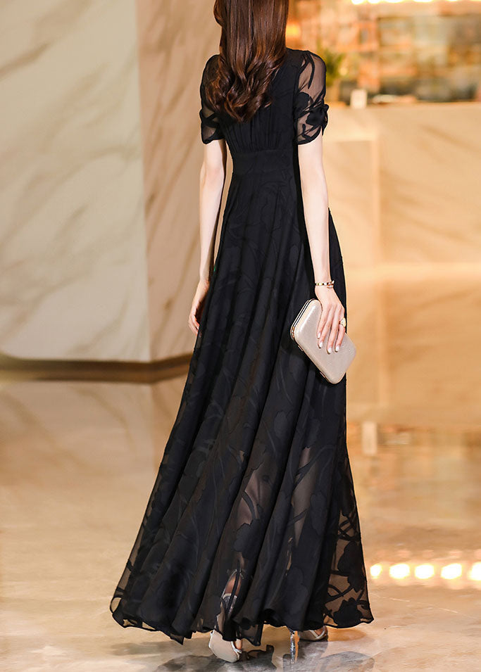 Black V Neck High Waist Tulle Patchwork Chiffon Long Dress Summer