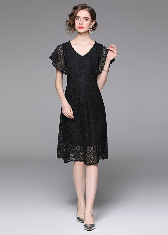 Black V Neck Hollow Out Patchwork Lace Mid Dress Butterfly Sleeve