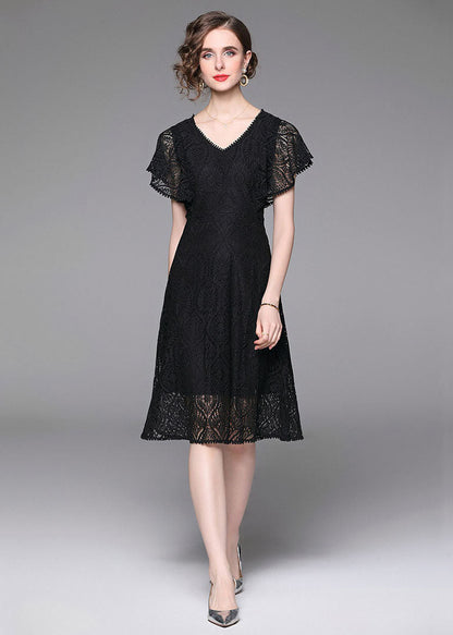 Black V Neck Hollow Out Patchwork Lace Mid Dress Butterfly Sleeve