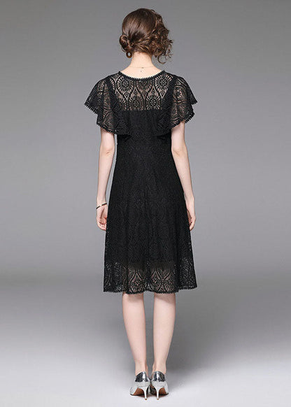 Black V Neck Hollow Out Patchwork Lace Mid Dress Butterfly Sleeve