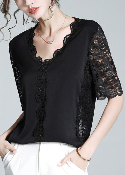 Black V Neck Lace Patchwork Top Short Sleeve