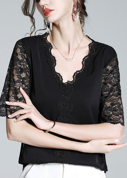 Black V Neck Lace Patchwork Top Short Sleeve