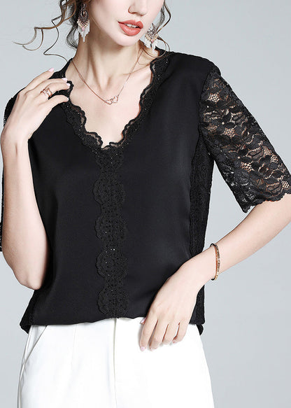 Black V Neck Lace Patchwork Top Short Sleeve