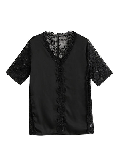 Black V Neck Lace Patchwork Top Short Sleeve