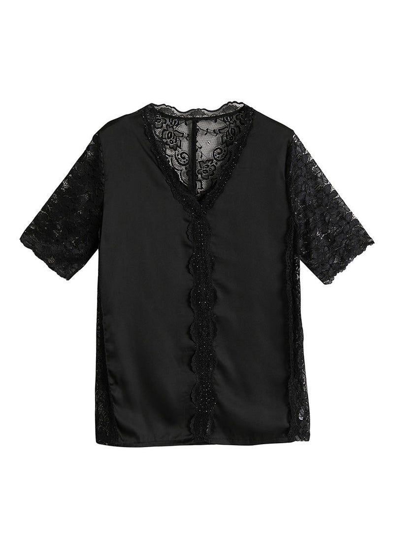 Black V Neck Lace Patchwork Top Short Sleeve