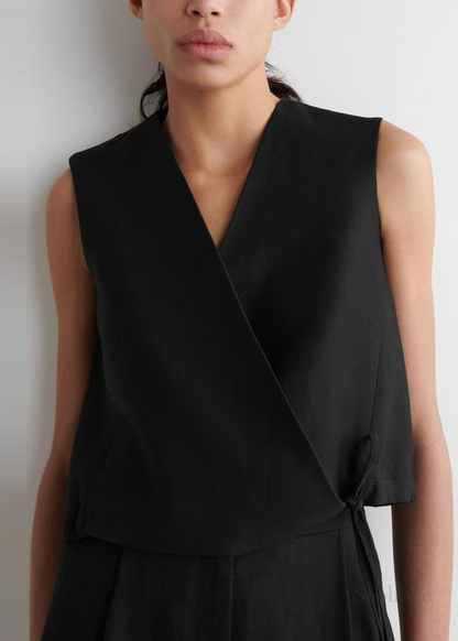 Black V Neck Lace Up Linen Shirt Tops Summer