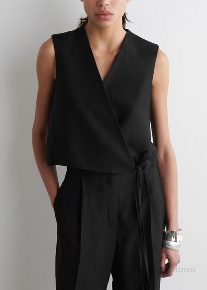 Black V Neck Lace Up Linen Shirt Tops Summer
