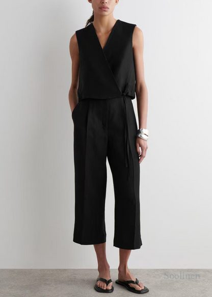 Black V Neck Lace Up Linen Shirt Tops Summer