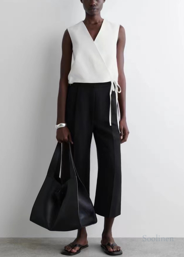 Black V Neck Lace Up Linen Shirt Tops Summer