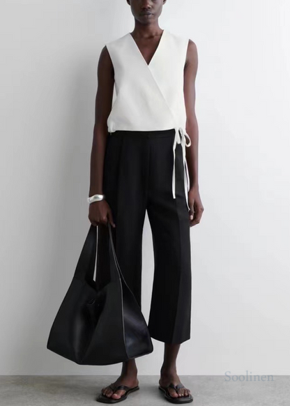 Black V Neck Lace Up Linen Shirt Tops Summer