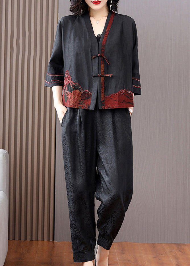 Black V Neck Patchwork Button Cardigans and Crop Pants Silk Two Pieces Set Long Sleeve