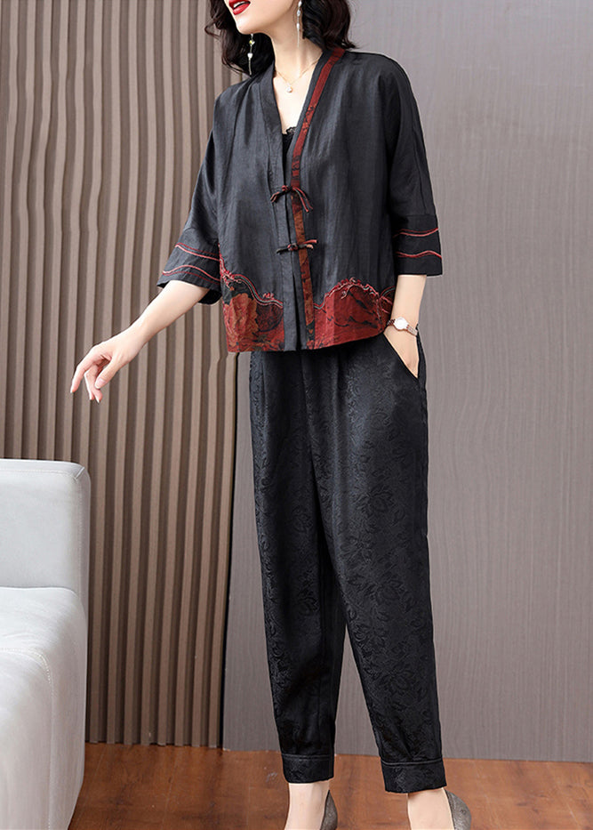 Black V Neck Patchwork Button Cardigans and Crop Pants Silk Two Pieces Set Long Sleeve