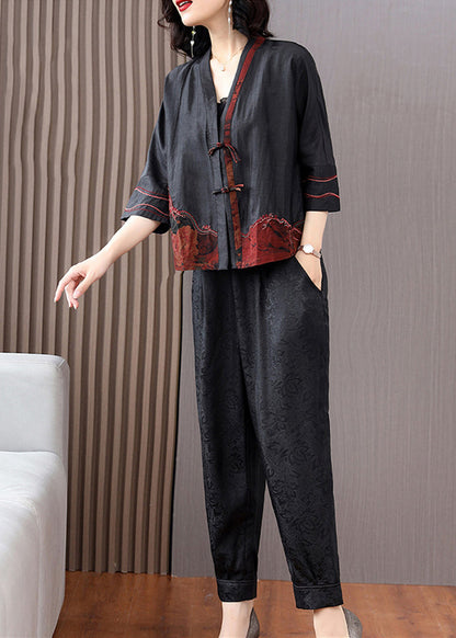 Black V Neck Patchwork Button Cardigans and Crop Pants Silk Two Pieces Set Long Sleeve