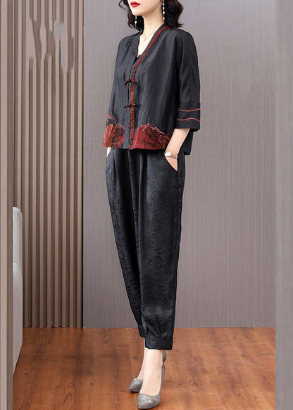 Black V Neck Patchwork Button Cardigans and Crop Pants Silk Two Pieces Set Long Sleeve