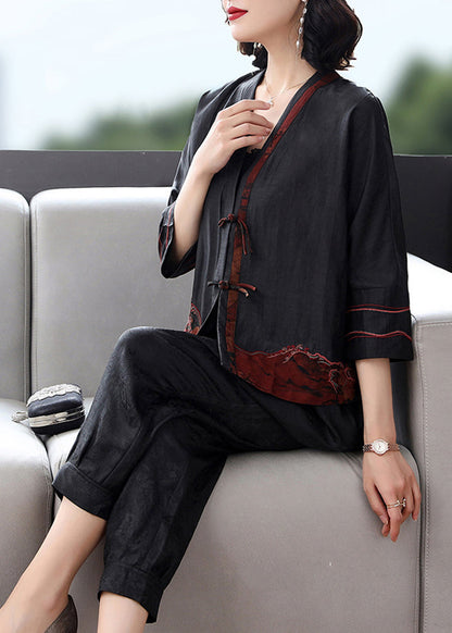 Black V Neck Patchwork Button Cardigans and Crop Pants Silk Two Pieces Set Long Sleeve