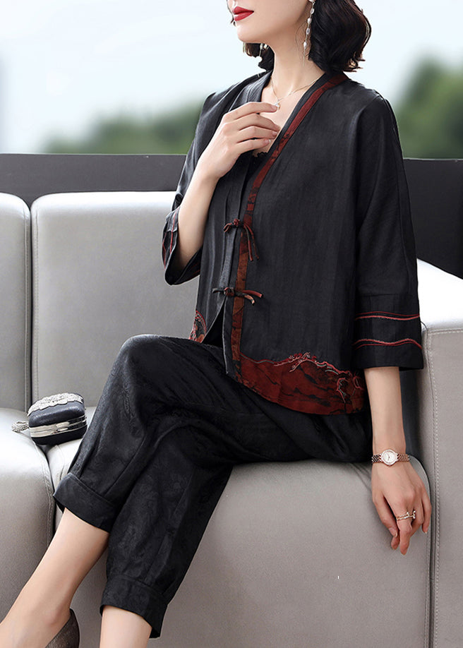 Black V Neck Patchwork Button Cardigans and Crop Pants Silk Two Pieces Set Long Sleeve