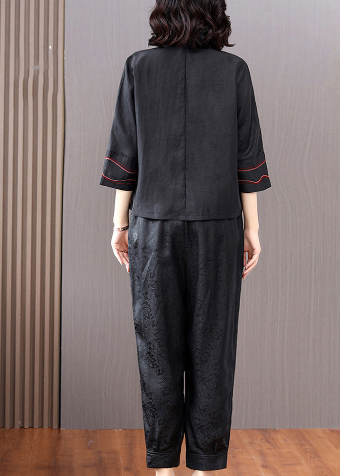Black V Neck Patchwork Button Cardigans and Crop Pants Silk Two Pieces Set Long Sleeve