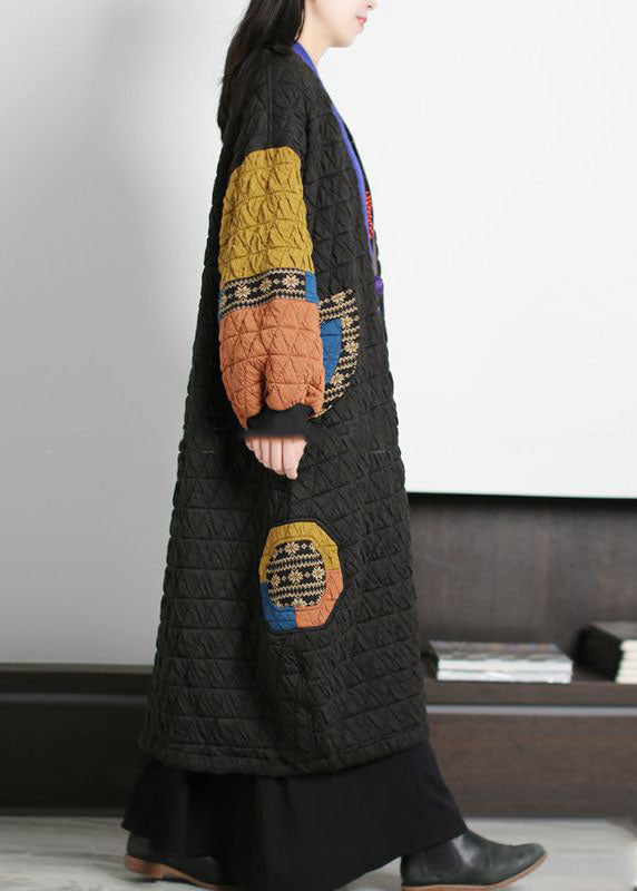 Black V Neck Patchwork Oriental Button Fine Cotton Filled Long Coats Winter