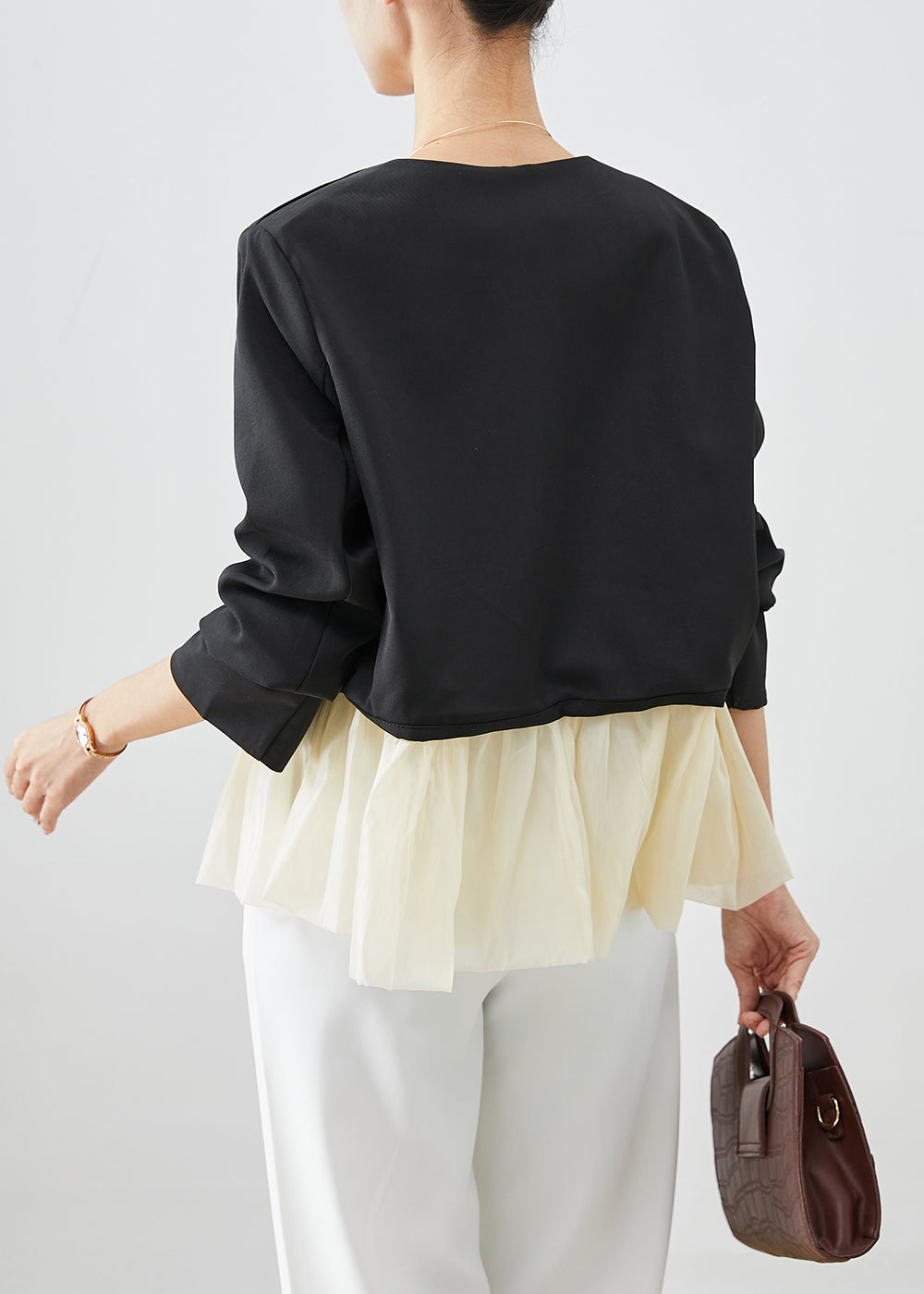 Black V Neck Patchwork Spandex Coats Fall