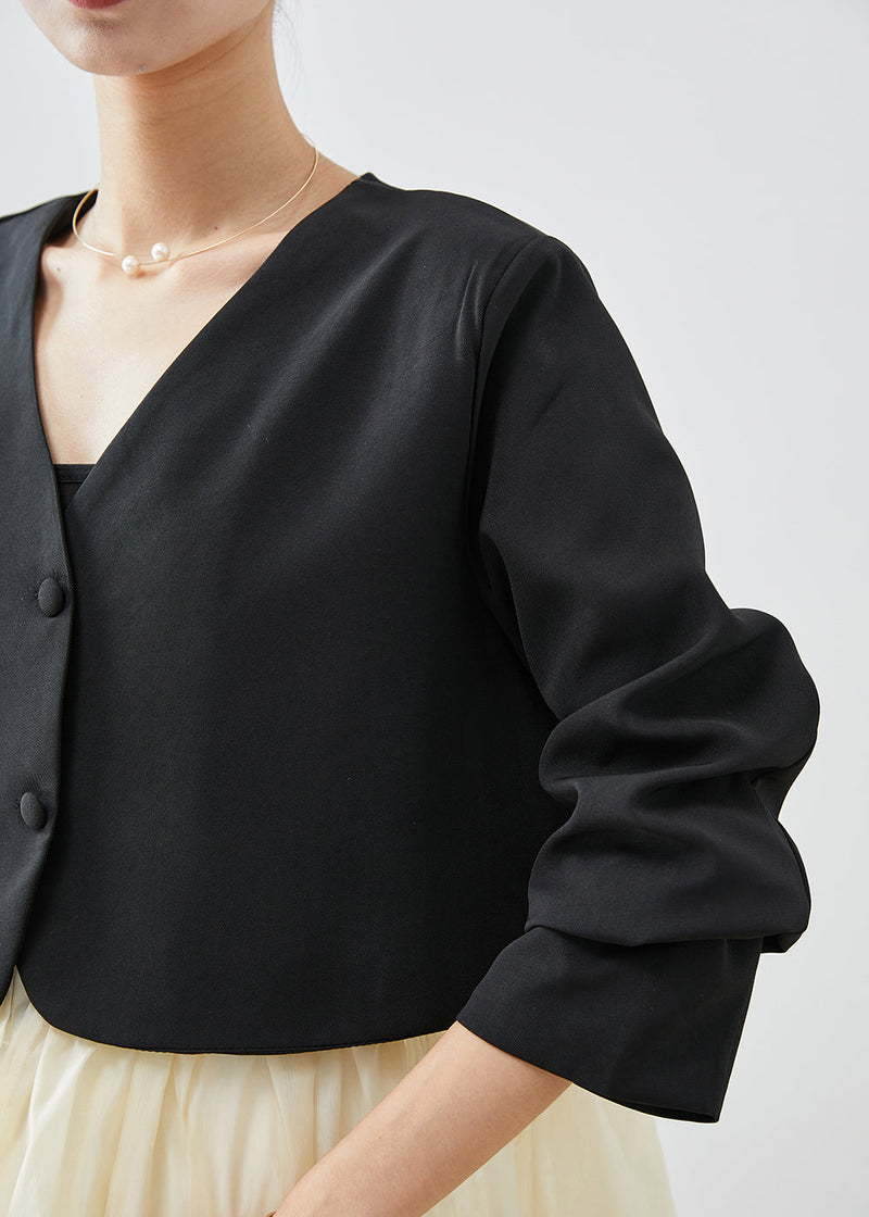 Black V Neck Patchwork Spandex Coats Fall
