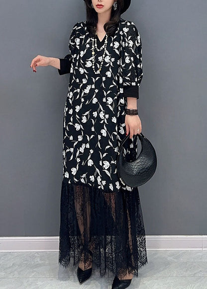 Black V Neck Print Lace Patchwork Cotton Dress Summer