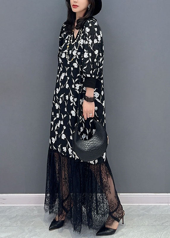 Black V Neck Print Lace Patchwork Cotton Dress Summer