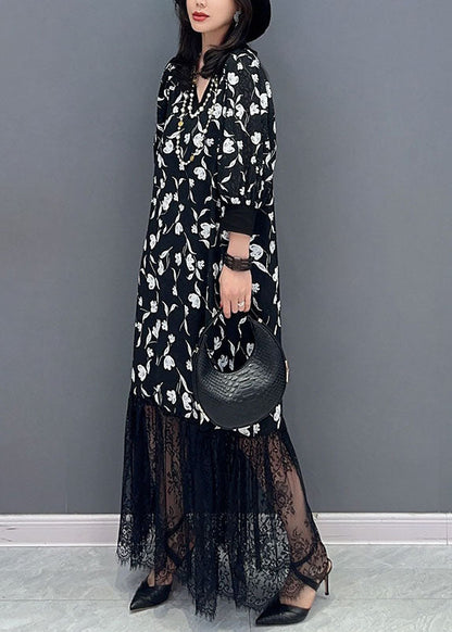 Black V Neck Print Lace Patchwork Cotton Dress Summer