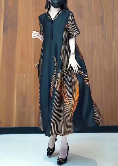 Black V Neck Print Patchwork Silk Long Dresses Summer
