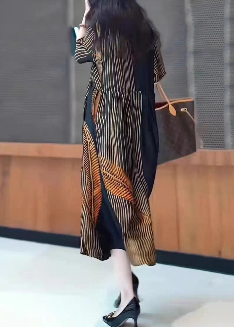 Black V Neck Print Patchwork Silk Long Dresses Summer