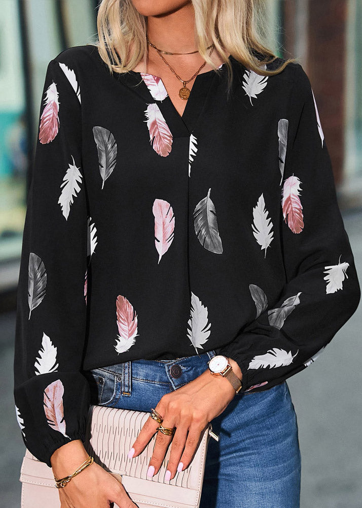 Black V Neck Print Shirt Long Sleeve