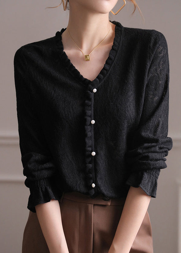 Black V Neck Ruffled Hollow Out Lace Knit Top Flare Sleeve