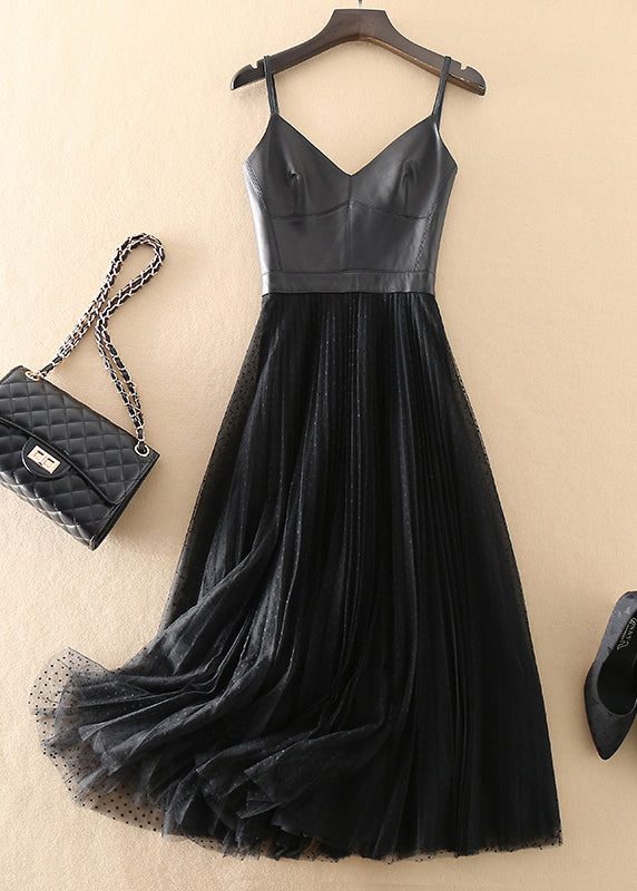 Black V Neck Sheepskin Patchwork Tulle Dress Sleeveless
